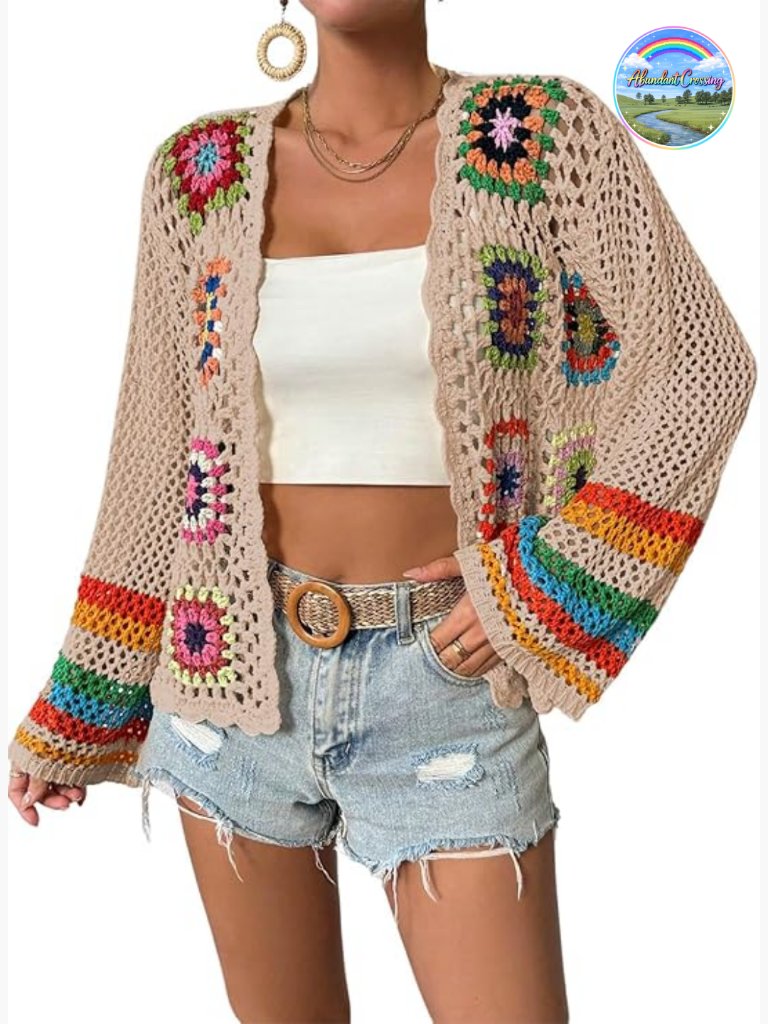 Floral Crochet Cardigan Hollow Out Open Front Long Sleeve Sweater Lightweight